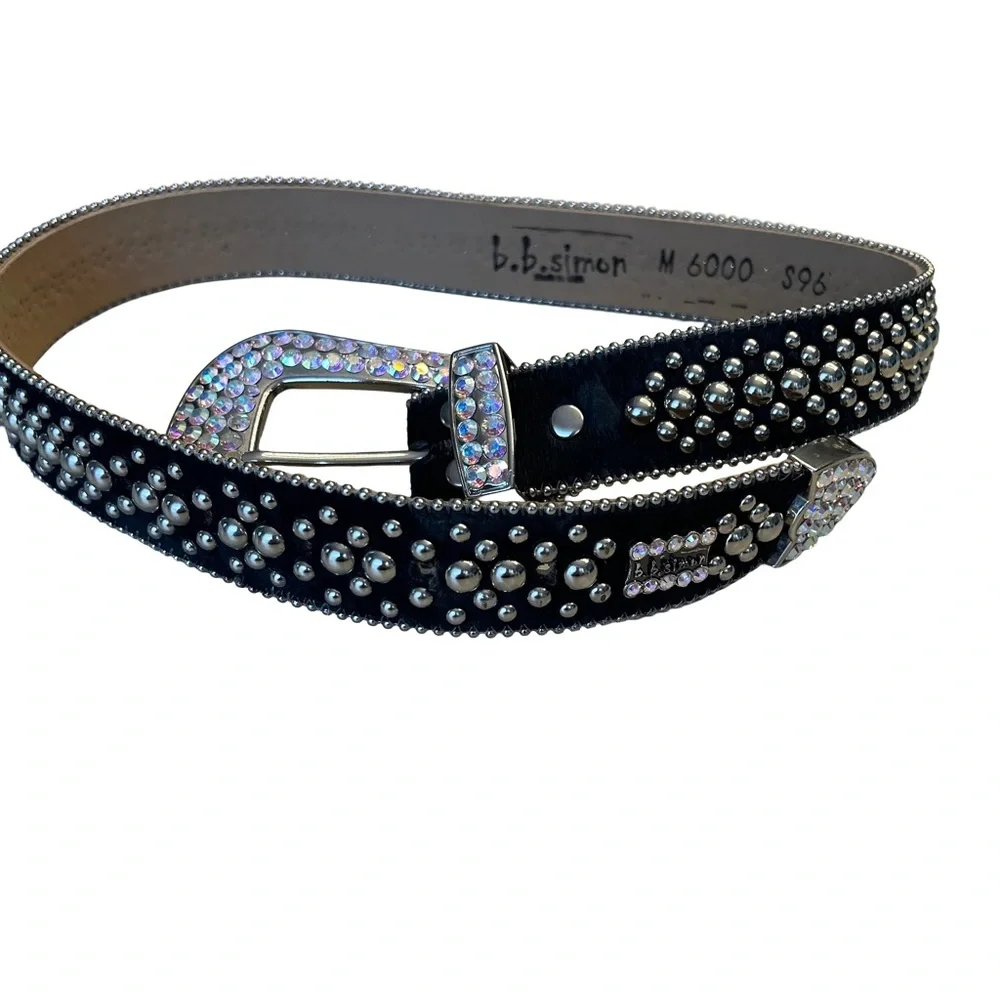 B.B. Simon M6000 Black Leather Belt with Silver and Iridescent Accents - Picture 10 of 12
